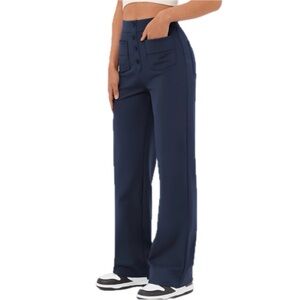 NWT HALARA High Waisted Pockets Straight Leg Pants Small Petite Navy Stretch